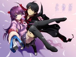 Картинка аниме bakemonogatari araragi+koyomi мужчина senjougahara+hitagi девушка форма плащ степлер