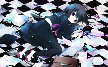 Картинка аниме другое другое девушка школьная форма книги клетчатый+пол