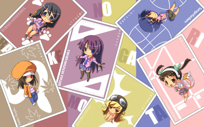 Обои картинки фото аниме, bakemonogatari, девушки, senjougahara hitagi, oshino shinobu, kanbaru suruga, hachikuji mayoi, hanekawa tsubasa, sengoku nadeko