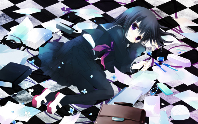 Обои картинки фото аниме, другое, другое, девушка, школьная, форма, книги, клетчатый пол