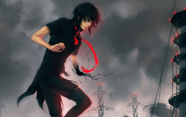 Обои картинки фото аниме, angels, demons, парень, галстук, небо, тучи