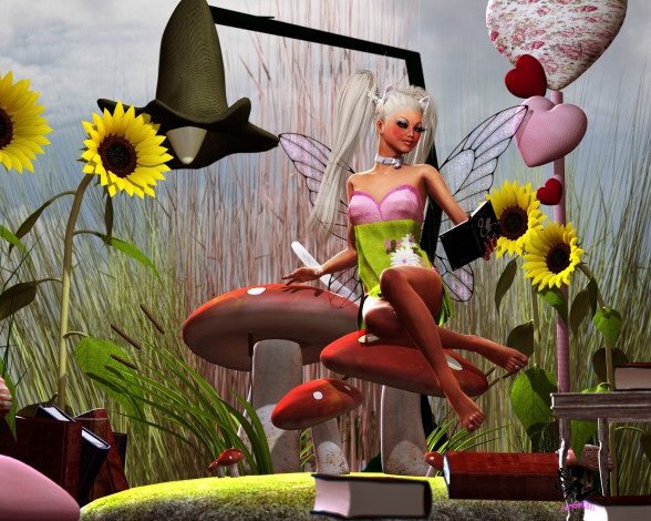 Обои картинки фото 3д, графика, elves, эльфы, книги, камыш, эльфийка, подсолнухи