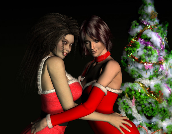 Обои картинки фото 3д, графика, holidays, праздники, ель, девушки
