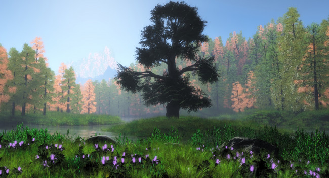 Обои картинки фото 3д, графика, nature, landscape, природа, лес, цветы, луг, река