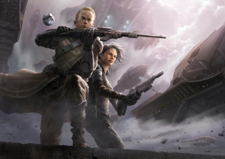 Картинка фэнтези люди ветер оружие девушка корабли арт парень