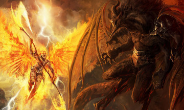 Картинка фэнтези демоны битва крылья оружие молнии искры пламя