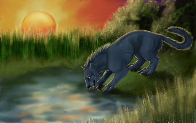 Обои картинки фото рисованные, животные,  сказочные,  мифические, вода, поле