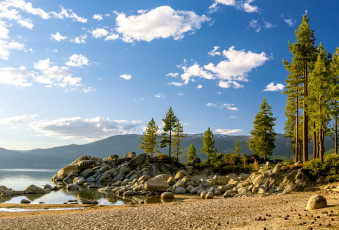 Картинка природа реки озера озеро небо облака деревья камни