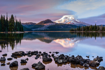 Картинка природа реки озера рейнир стратовулкан гора каскадные горы орегон сша штат вечер озеро лес