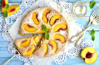 Картинка еда пироги сахарная пудра вилки мята персик выпечка пирог
