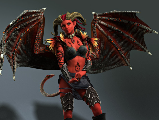 Обои картинки фото 3д графика, существа , creatures, кастаника, рога, крылья, взгляд, фон