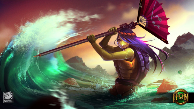 Обои картинки фото видео игры, heroes of newerth, черепаха, bubbles, venus, de, heroes, of, newerth, волна, вода, море, веер, посох, панцирь