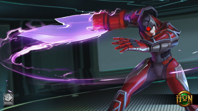 Обои картинки фото видео игры, heroes of newerth, gauntlet, ussuri, heroes, of, newerth, энергия, меч, шлем, девушка, броня