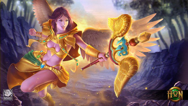 Обои картинки фото видео игры, heroes of newerth, крылья, посох, жезл, костюм, девушка, virgo, martyr, heroes, of, newerth