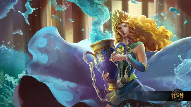 Обои картинки фото видео игры, heroes of newerth, вода, ваза, девушка, блондинка, gravekeeper, wave, queen, hestia, heroes, of, newerth