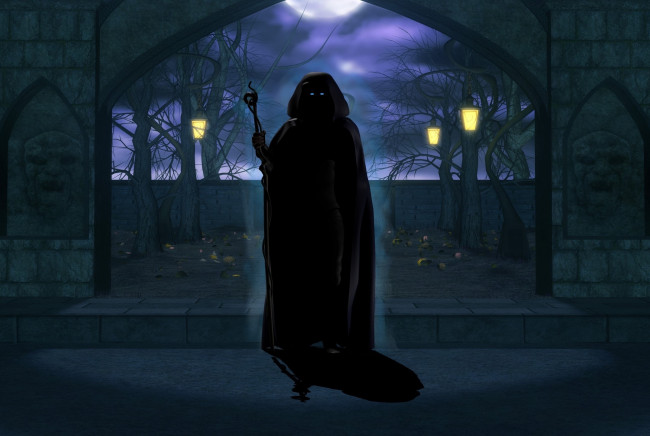 Обои картинки фото 3д графика, ужас , horror, глаза, накидка, фонари