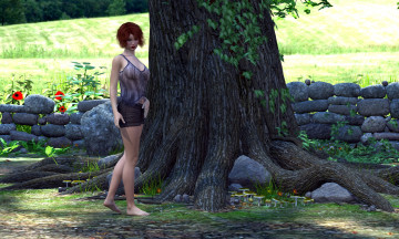 Картинка 3д+графика люди+ people дерево фон взгляд девушка