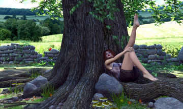 Картинка 3д+графика люди+ people девушка взгляд фон дерево