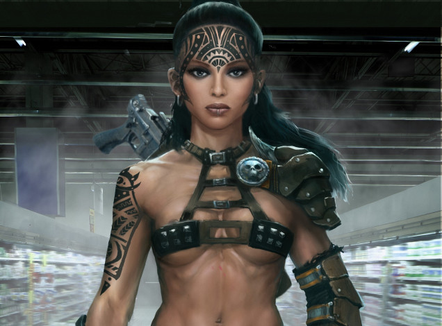 Обои картинки фото фэнтези, девушки, татуировки, оружие, девушка, арт, супермаркет