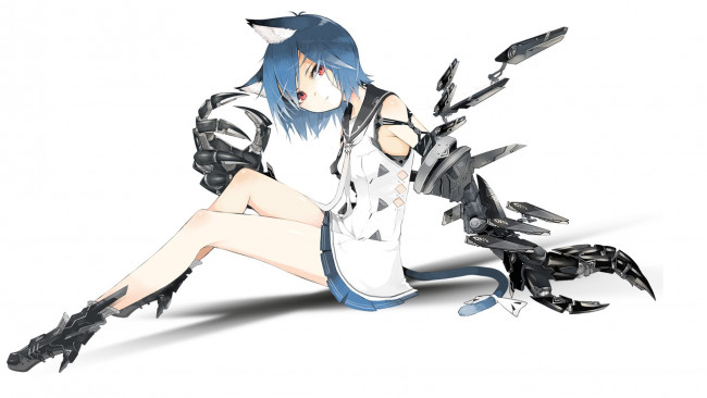 Обои картинки фото аниме, оружие,  техника,  технологии, фон, nekomimi, ушки, взгляд, арт, tokiti