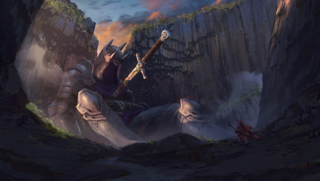 Обои картинки фото фэнтези, существа, рыцарь, скалы, меч, человек, арт, доспехи