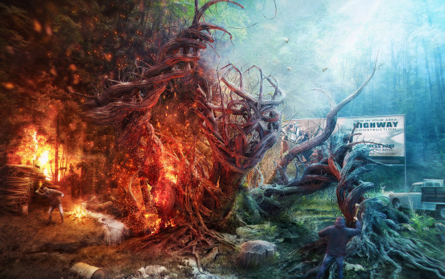 Обои картинки фото фэнтези, фотоарт, огонь, лес