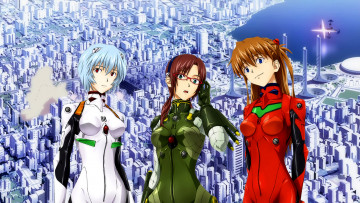 Картинка аниме evangelion девушки взгляд фон