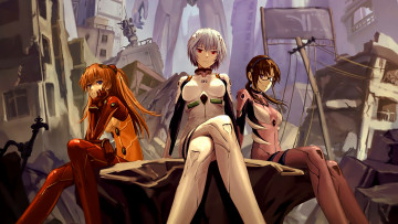Картинка аниме evangelion девушки взгляд фон