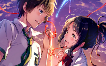 Картинка аниме kimi+no+na+wa лицо tachibana taki руки kimi no na wa art miyamizu mitsuha небо школьники makoto shinkai галстук слезы твое имя красная нить