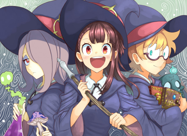 Обои картинки фото little witch academia, аниме, фон, взгляд, девушки