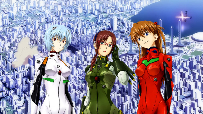 Обои картинки фото аниме, evangelion, девушки, взгляд, фон