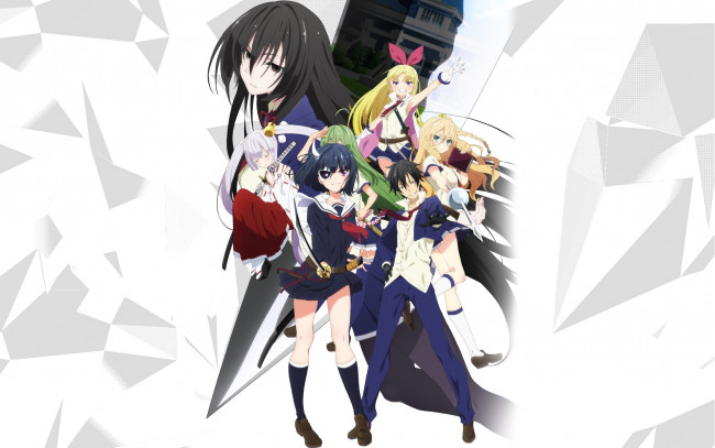 Обои картинки фото аниме, busou shoujo machiavellianism, girl, sword, anime, katana, boy, ken, blade, mask, seifuku, miko, armed, girl's, machiavellism, busou, shoujo, machiavellianism