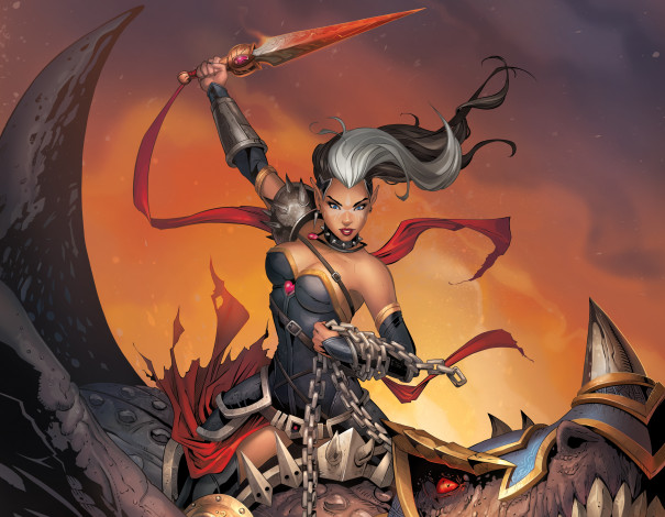 Обои картинки фото рисованное, комиксы, грудь, цепь, уши, фантастика, эльф, adalia, кинжал, девушка