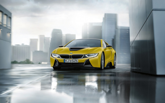 Обои картинки фото автомобили, bmw, бмв, i8, желтый, город, здания