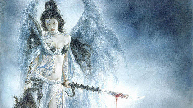 Обои картинки фото фэнтези, _luis royo, девушка, крылья, оружие, тату, голова