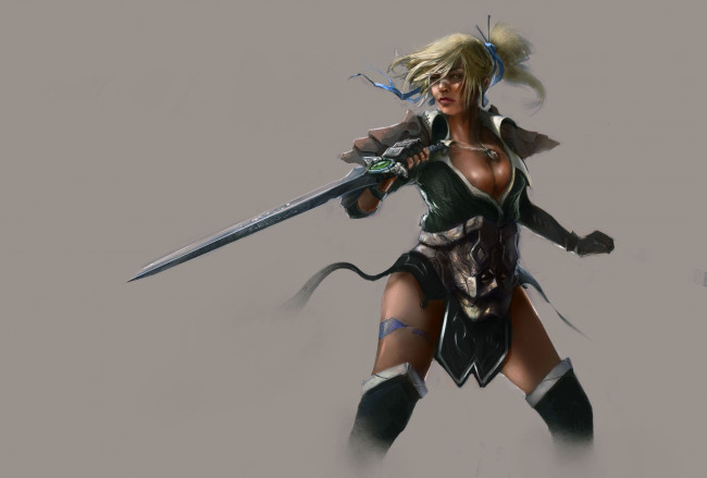 Обои картинки фото фэнтези, девушки, девушка, фон, взгляд, униформа, меч