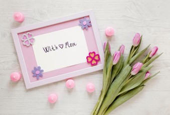 обоя праздничные, день матери, рамка, надпись, тюльпаны, бутоны