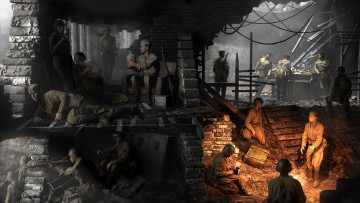 Картинка 3д+графика армия+ military солдаты фон дом гимнатсерка костер