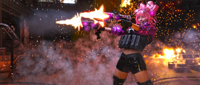 Обои картинки фото 3д графика, _science fiction, девушка, фон, стрельба, улыбка