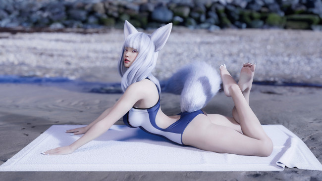 Обои картинки фото 3д графика, существа , creatures, девушка, фон, ковер, ушки, хвост