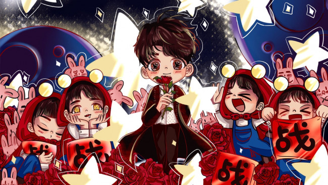 Обои картинки фото аниме, unknown,  другое , чиби, кролики, розы