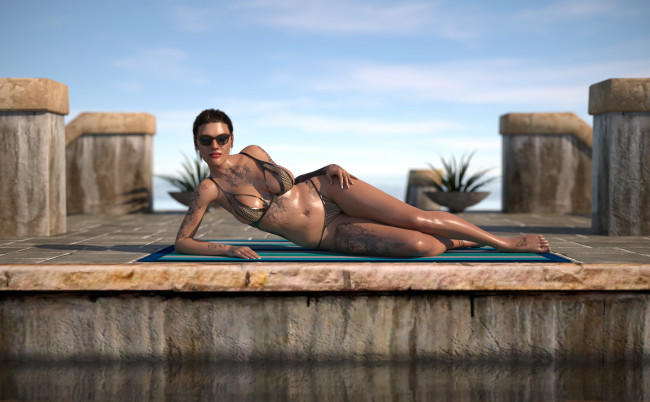 Обои картинки фото 3д графика, люди , people, девушка, фон, взгляд, купальник, тату, очки