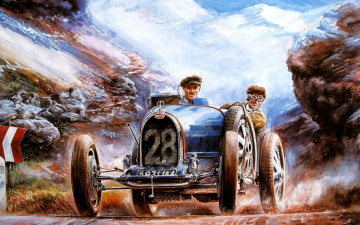 Картинка рисованное авто мото машина ретро люди горы