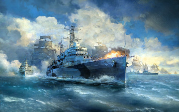 обоя видео игры, world of warships, корабли, море, тучи