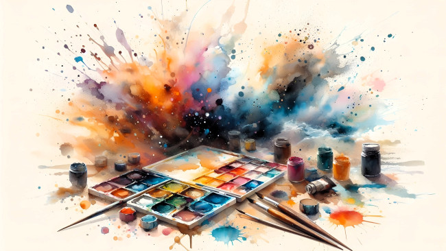 Обои картинки фото рисованное, - другое, краски, взрыв, цвета, банки, кисти