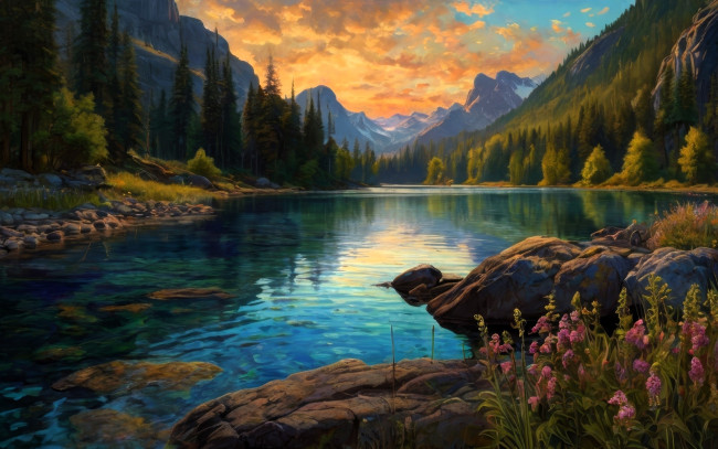 Обои картинки фото рисованное, природа, горы, лес, озеро, цветы, камни