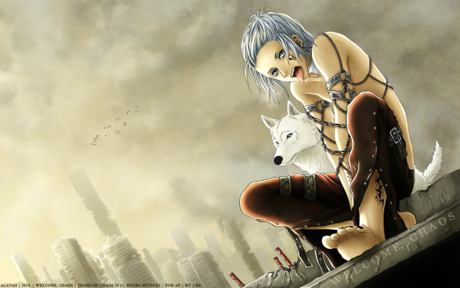 Обои картинки фото аниме, *unknown, другое, парень, собака, крыша, город, небо, бинт, цепи, тату