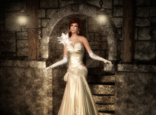 Картинка 3д графика people люди платье арка лестница фонари брюнетка девушка