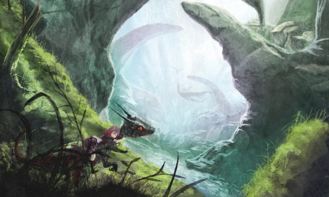 Обои картинки фото аниме, animals, девушка, динозавр, скалы