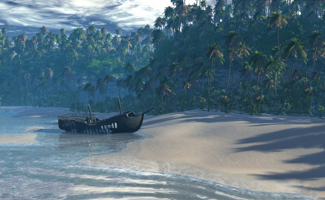 Обои картинки фото 3д, графика, nature, landscape, природа, лодка, деревья, море